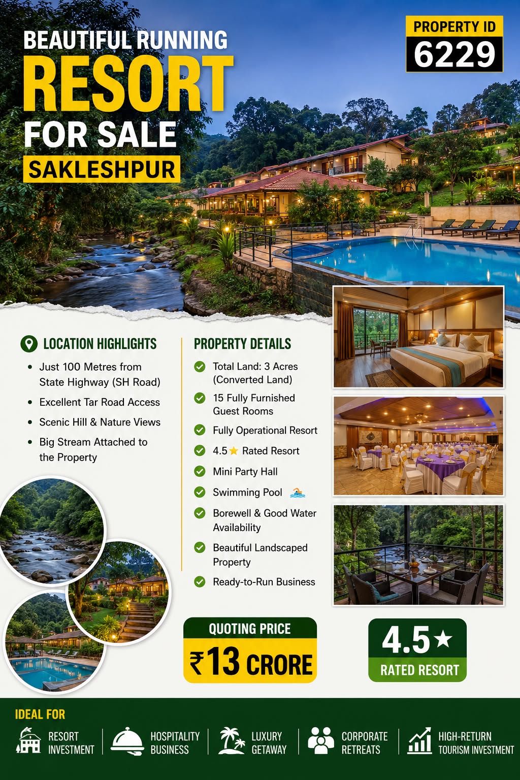🆔 *PROPERTY ID – 6229* 🏡🌿 *Beautiful Running Resort for Sale – Sakleshpur*
